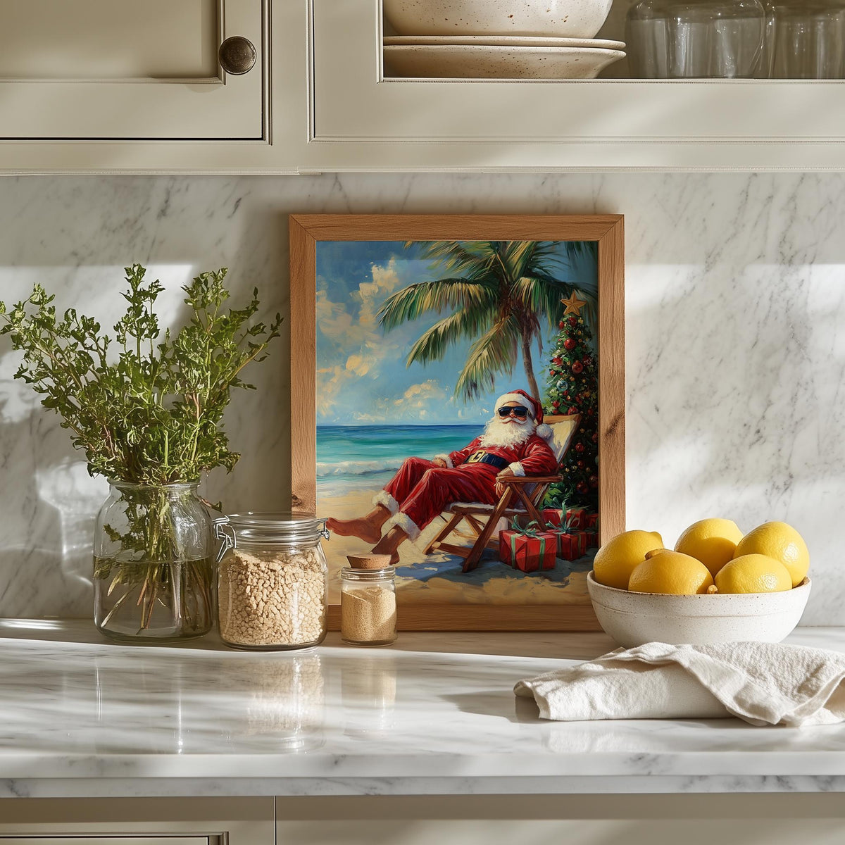 Beach Santa Christmas art print shown in a room setting