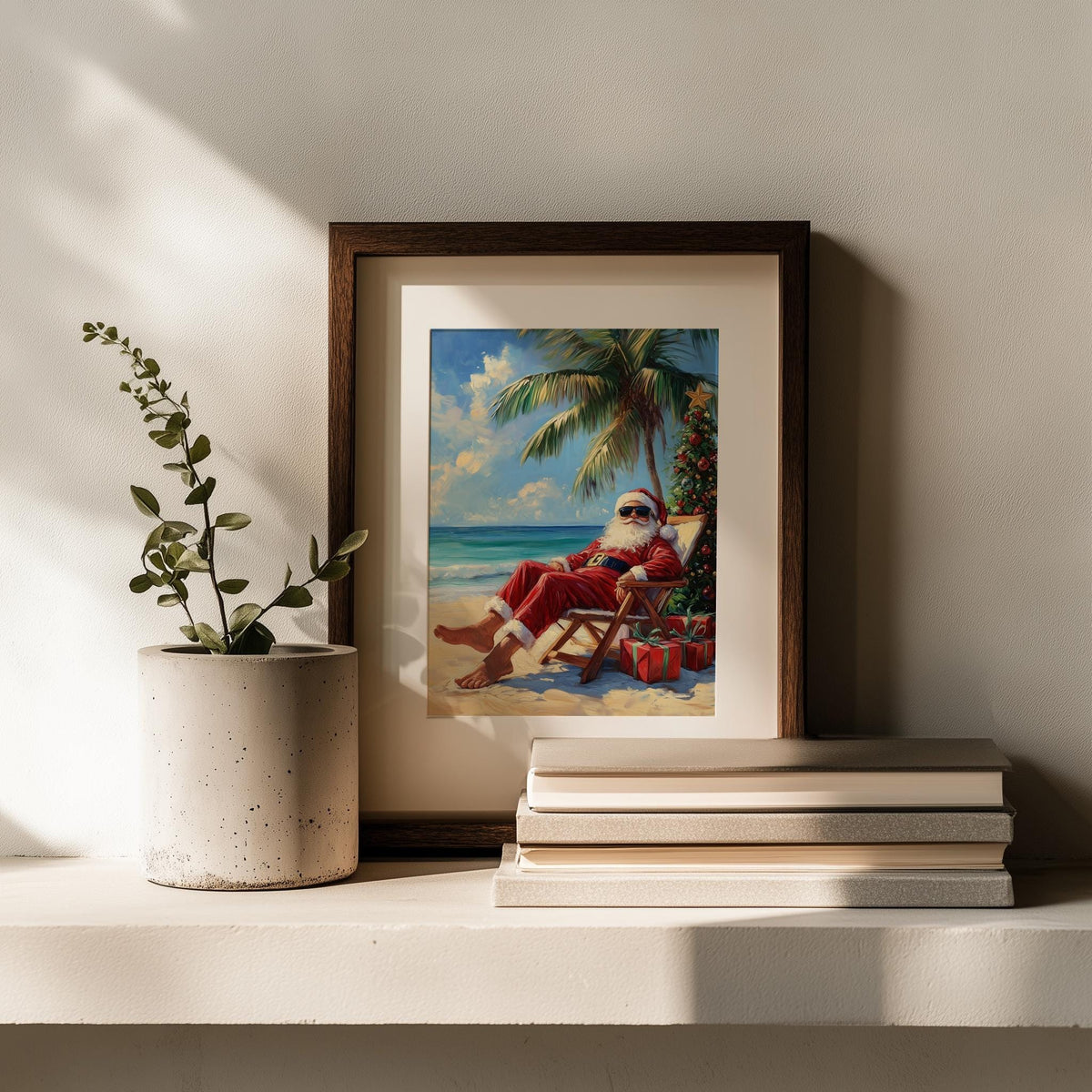 Beach Santa Christmas art print shown in a room setting