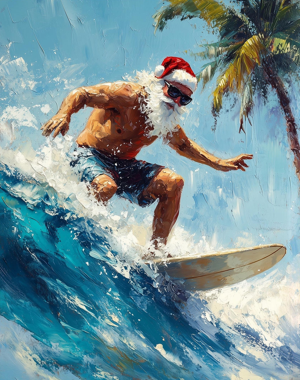 Surfing Santa Christmas art print unframed, signed by Pattie Overcash