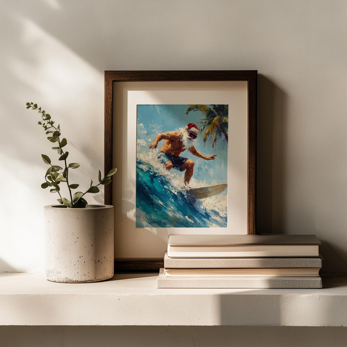 Surfing Santa Christmas art print shown in a room setting