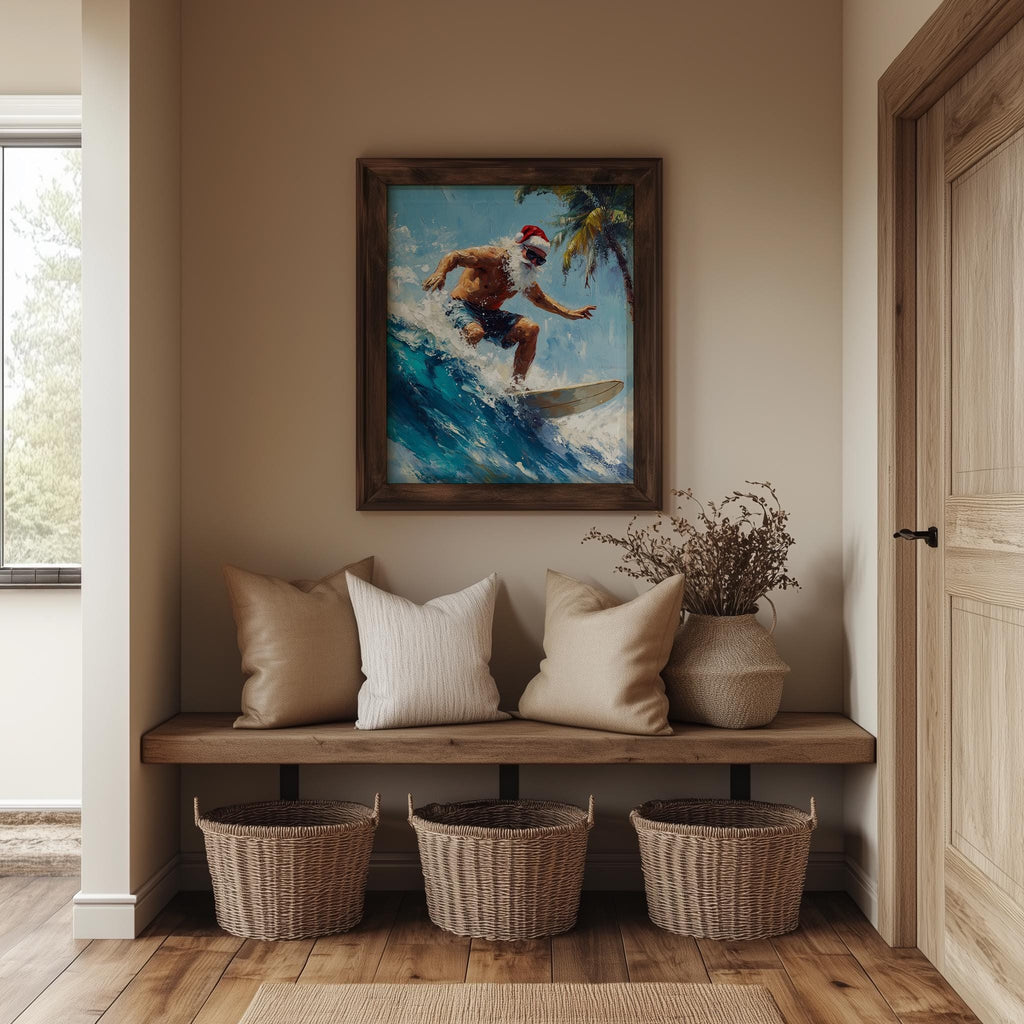 Surfing Santa Christmas art print shown in a room setting