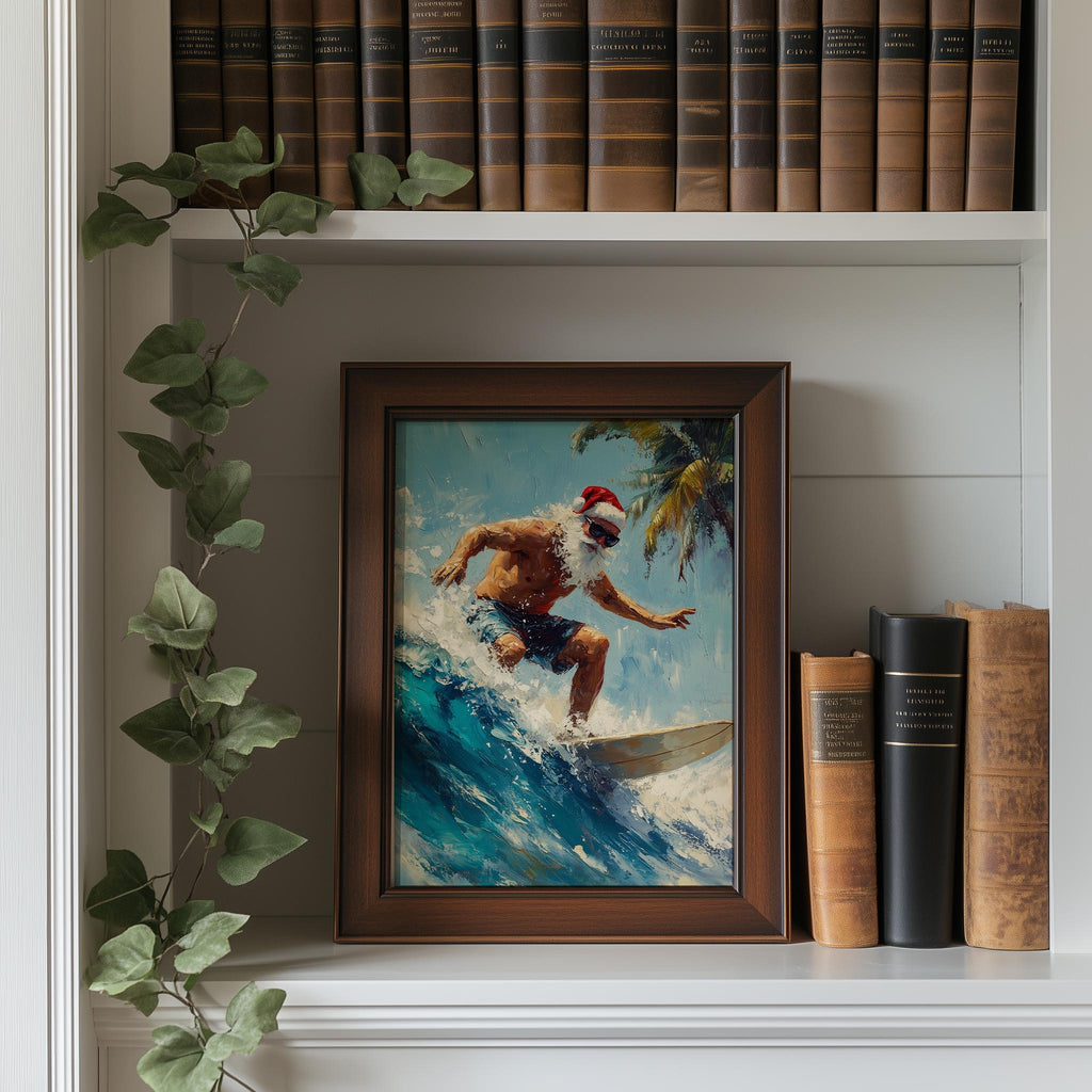 Surfing Santa Christmas art print shown in a room setting