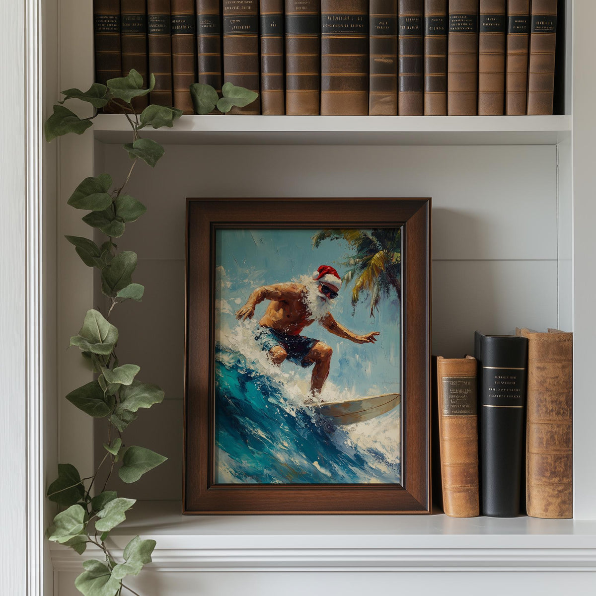 Surfing Santa Christmas art print shown in a room setting