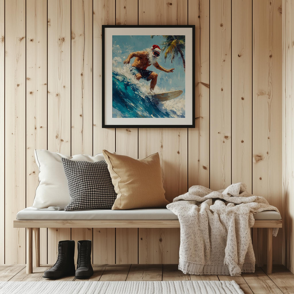 Surfing Santa Christmas art print shown in a room setting