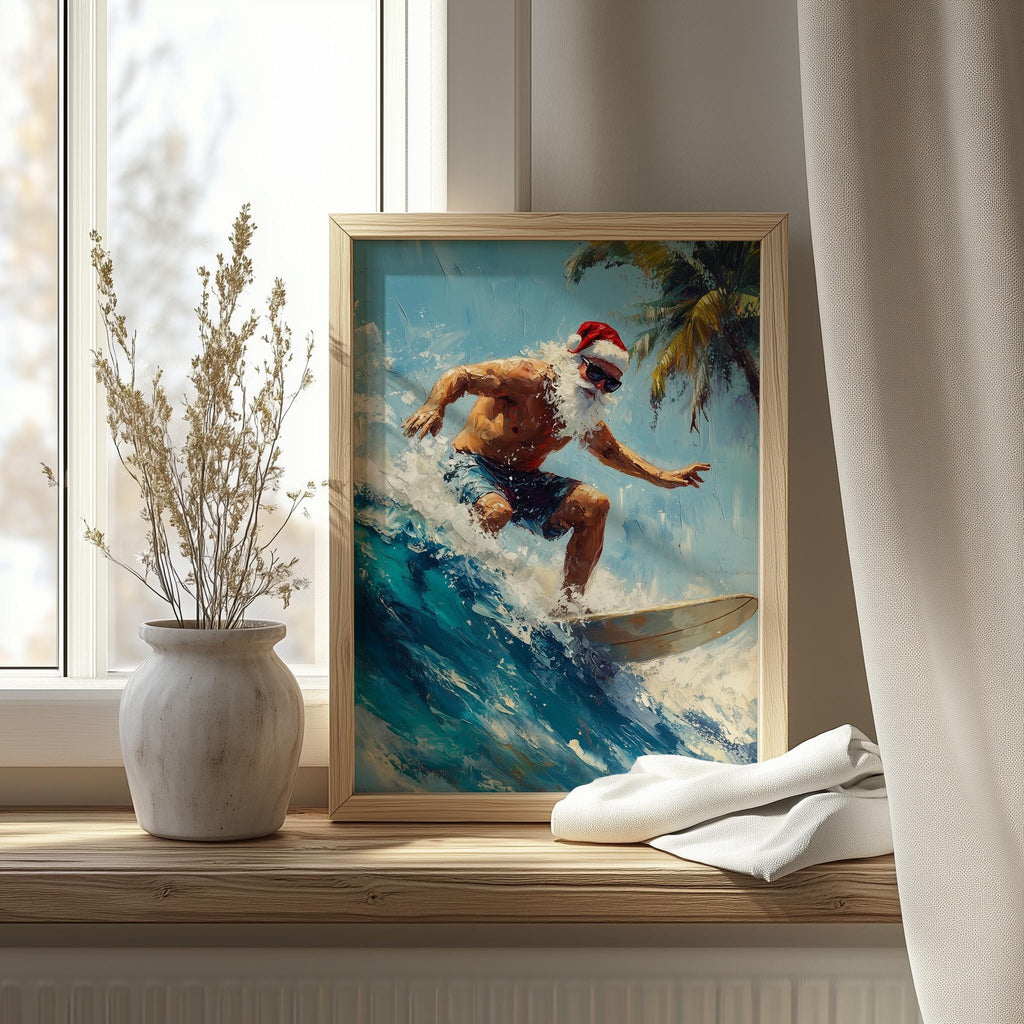 Surfing Santa Christmas art print shown in a room setting