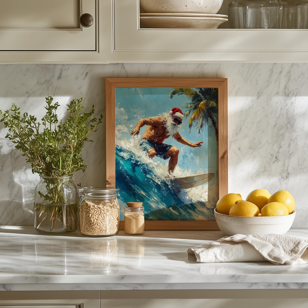Surfing Santa Christmas art print shown in a room setting