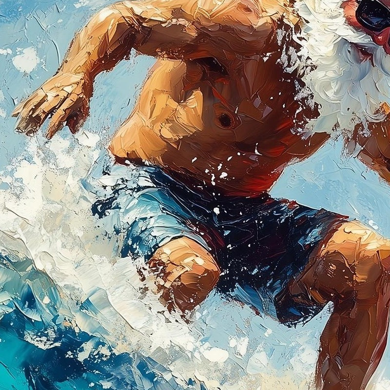Surfing Santa Christmas art print close-up detail