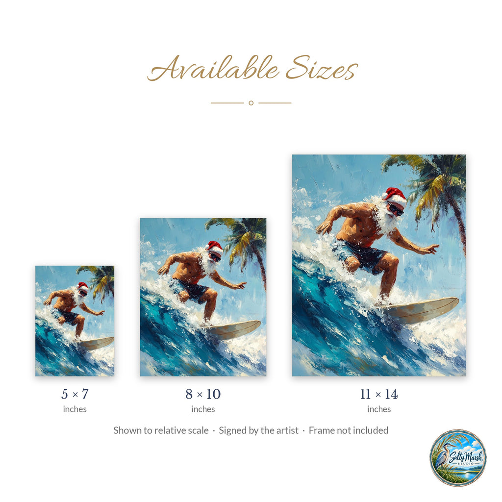 Surfing Santa art print size guide: 5x7, 8x10 and 11x14
