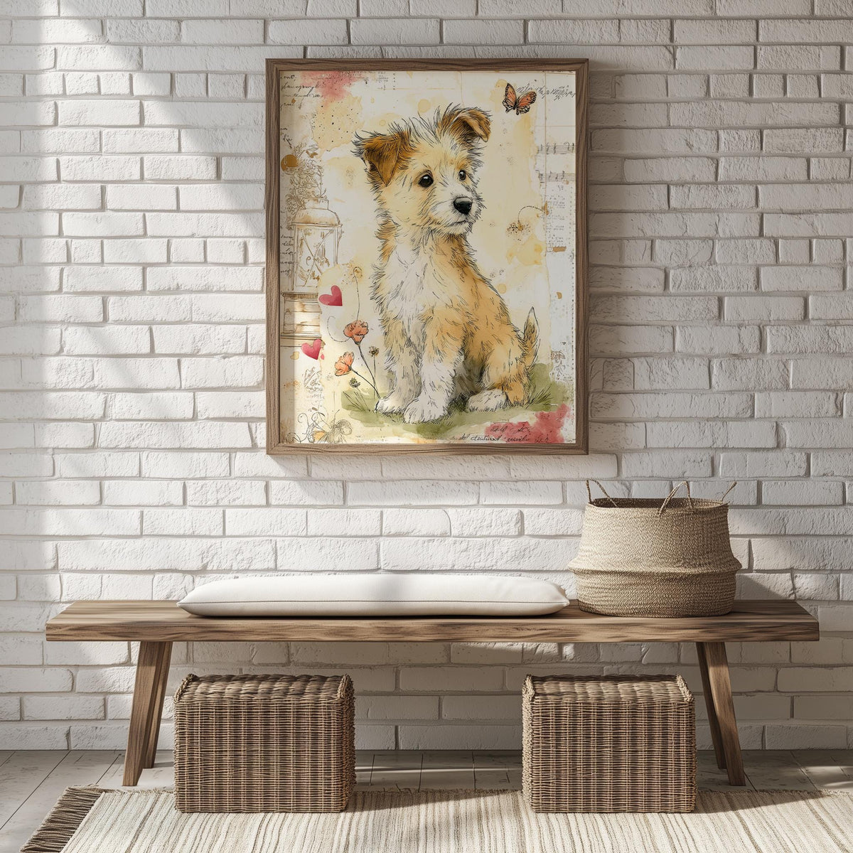 Puppy Watercolor animal art print shown in a room setting