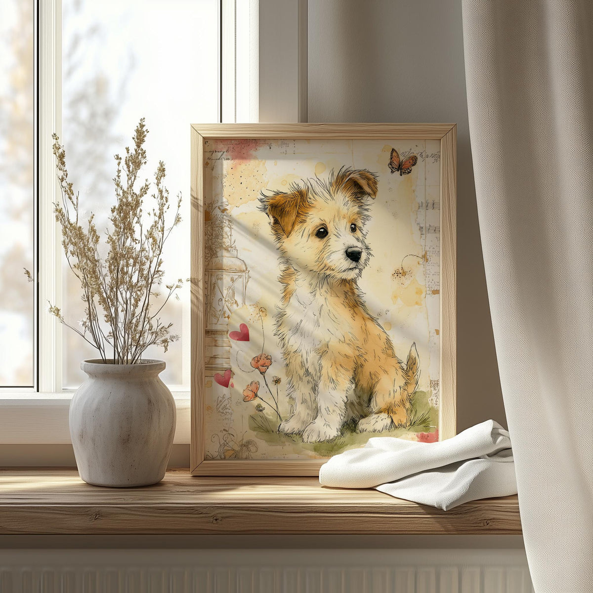 Puppy Watercolor animal art print shown in a room setting