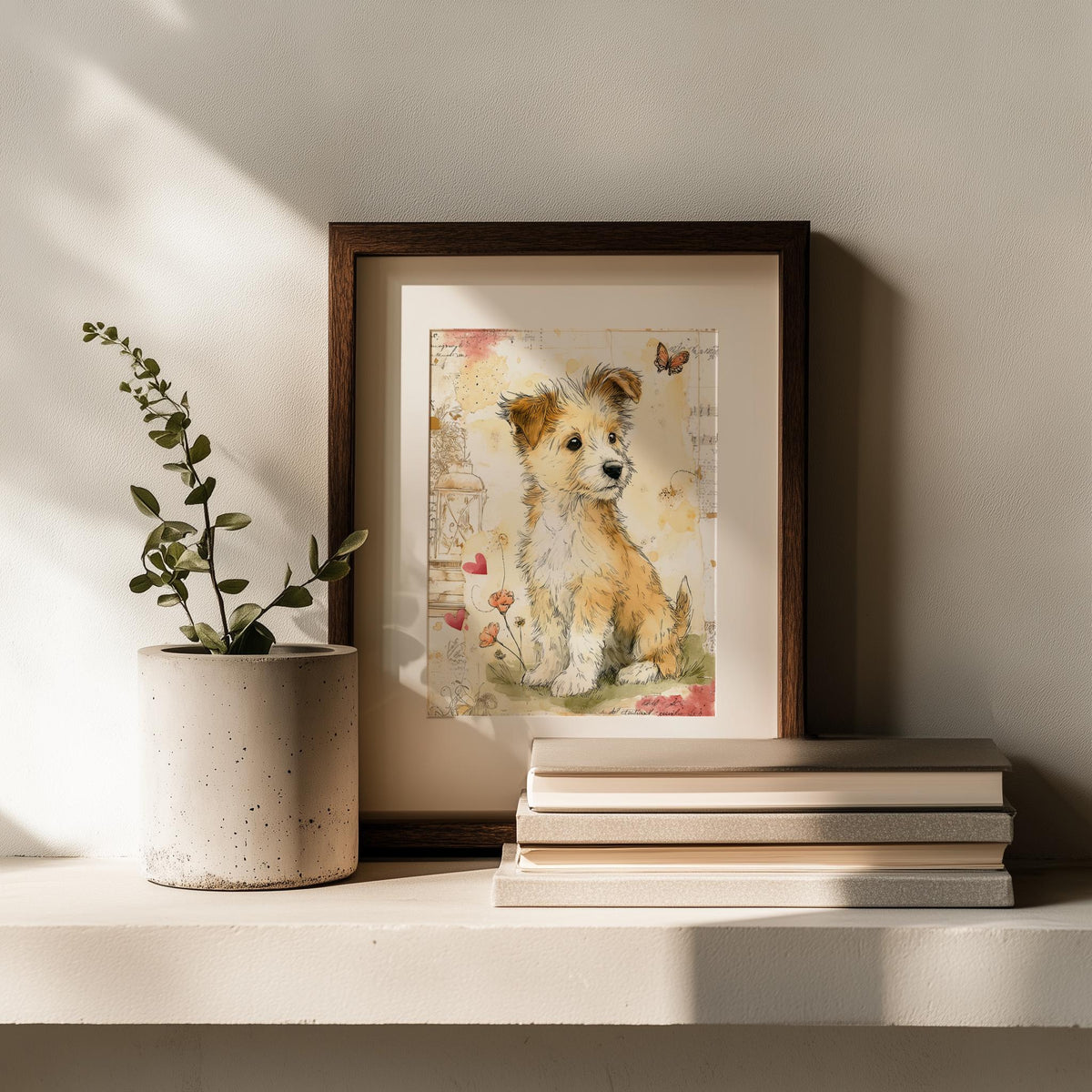 Puppy Watercolor animal art print shown in a room setting