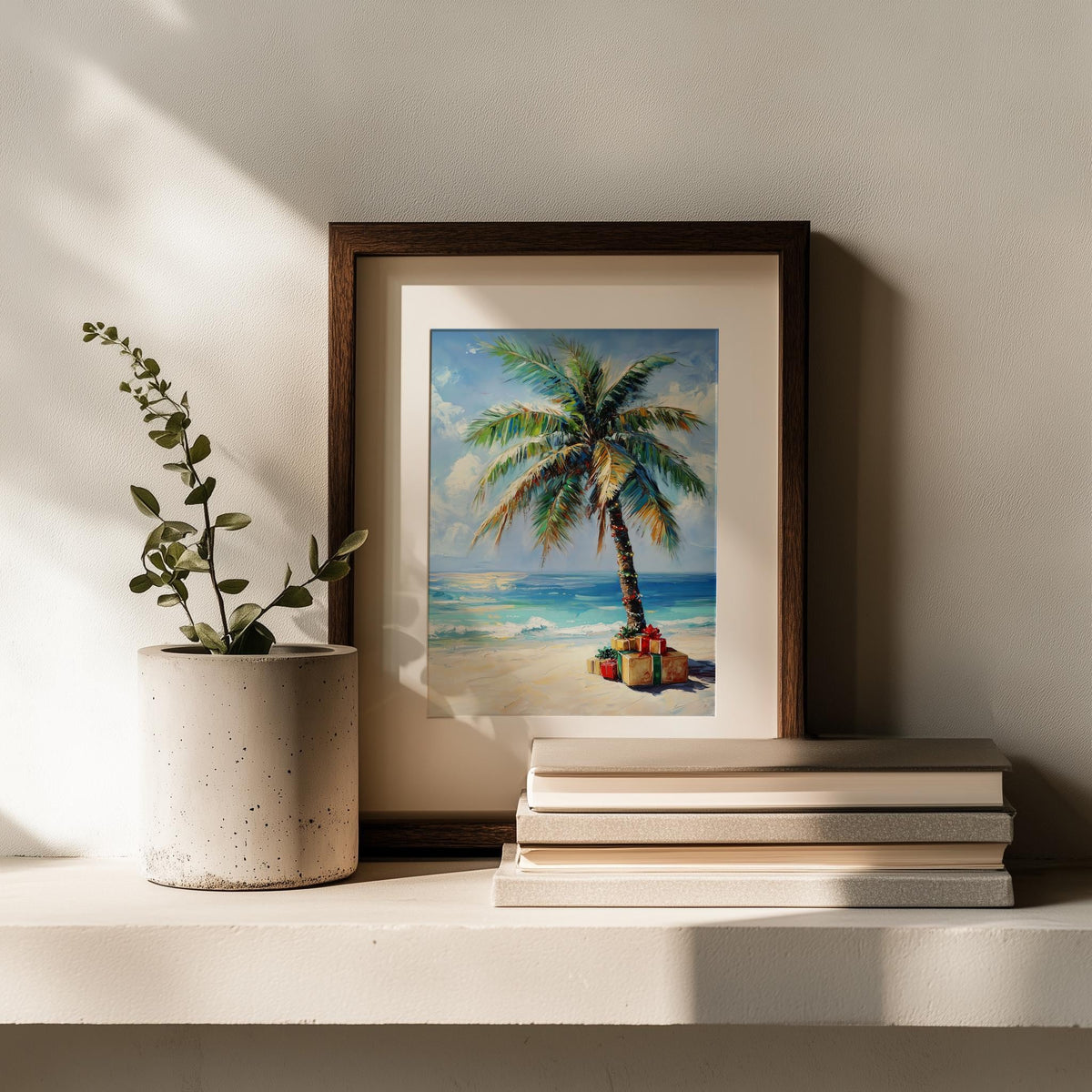 Palm Gifts Christmas art print shown in a room setting
