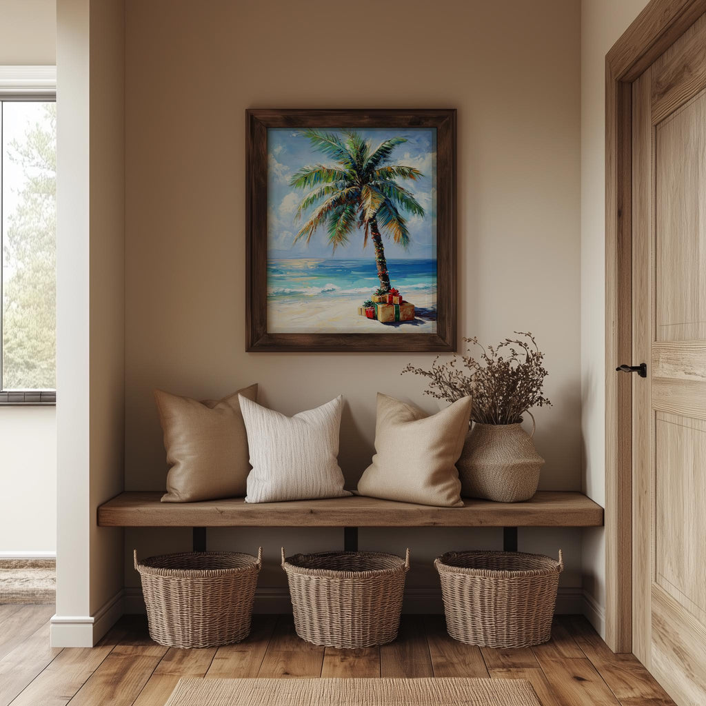 Palm Gifts Christmas art print shown in a room setting