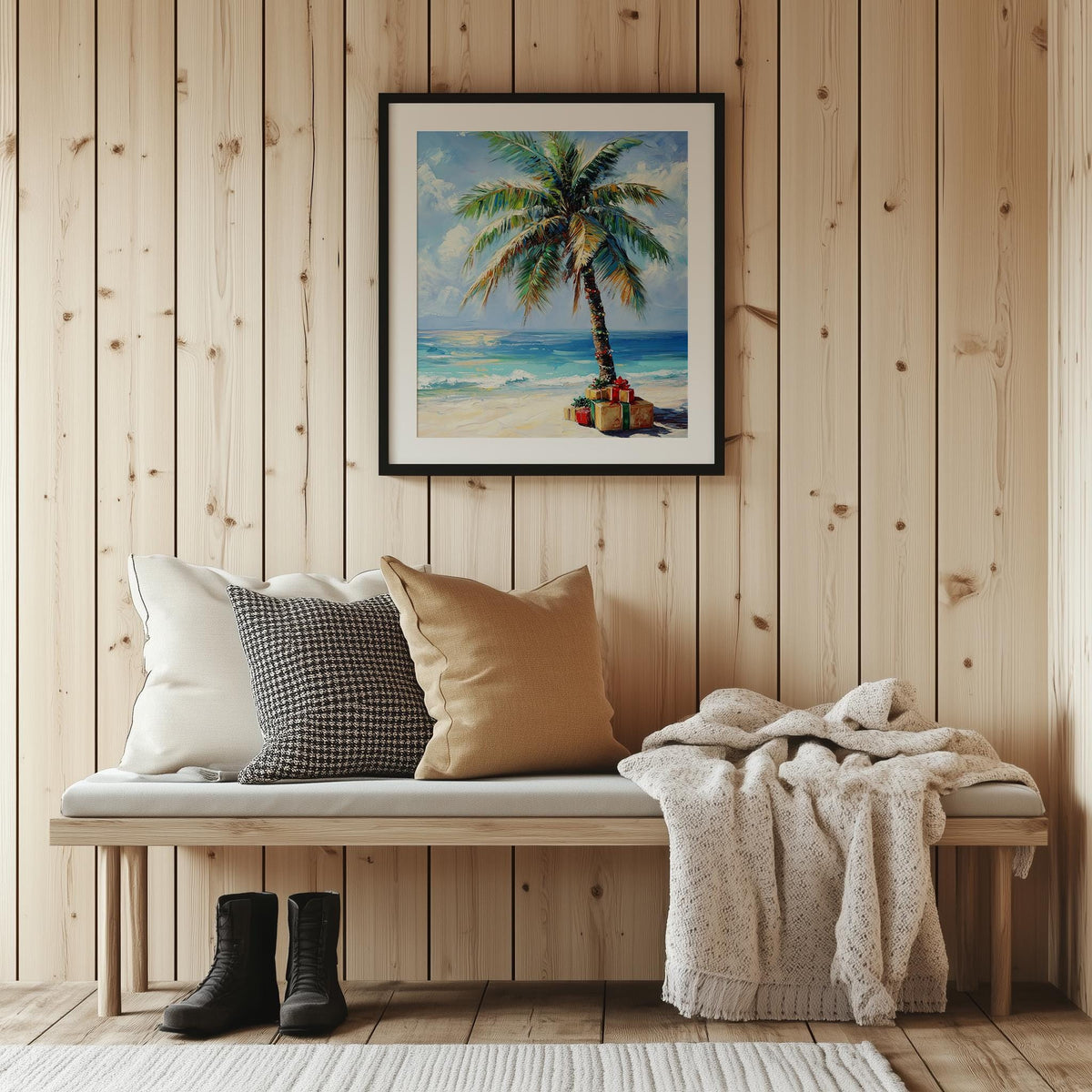Palm Gifts Christmas art print shown in a room setting
