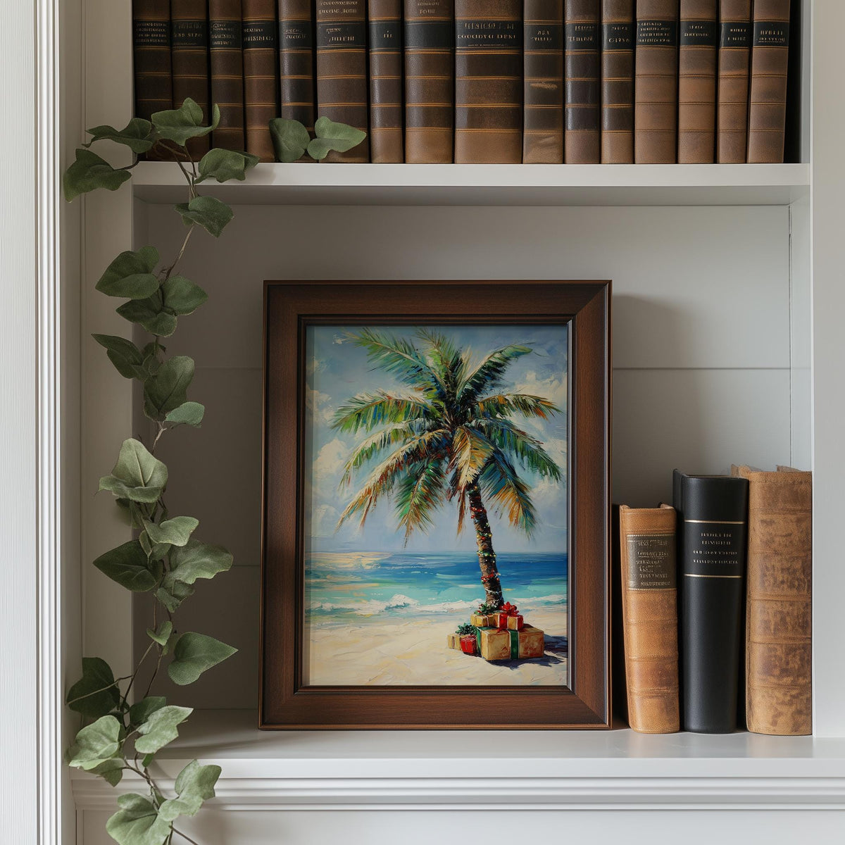 Palm Gifts Christmas art print shown in a room setting