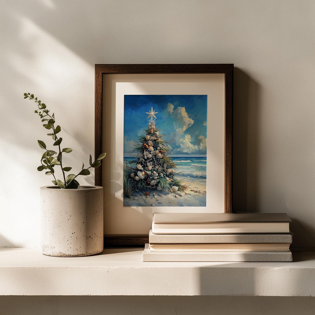 Coastal Tree Christmas art print shown in a room setting