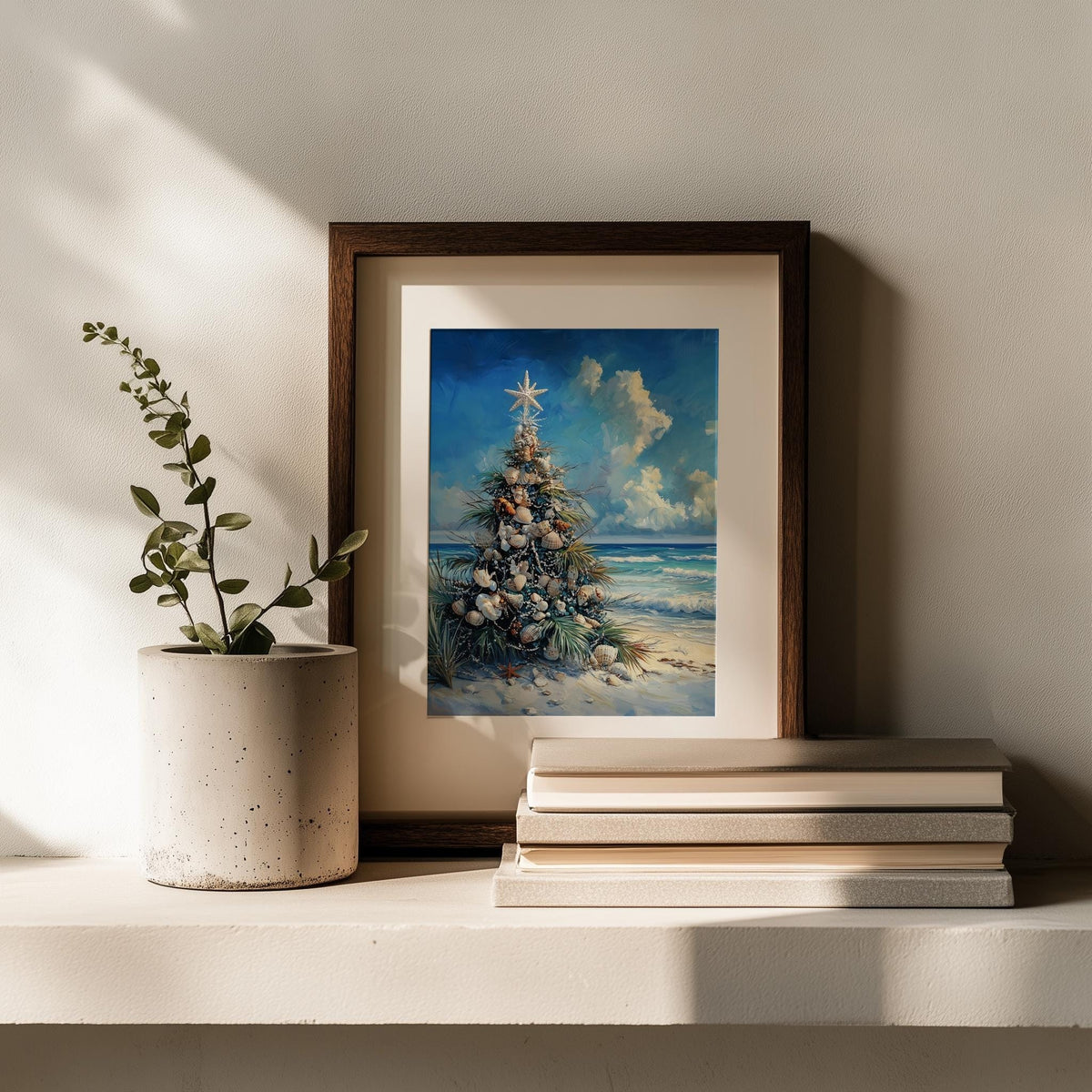 Coastal Tree Christmas art print shown in a room setting