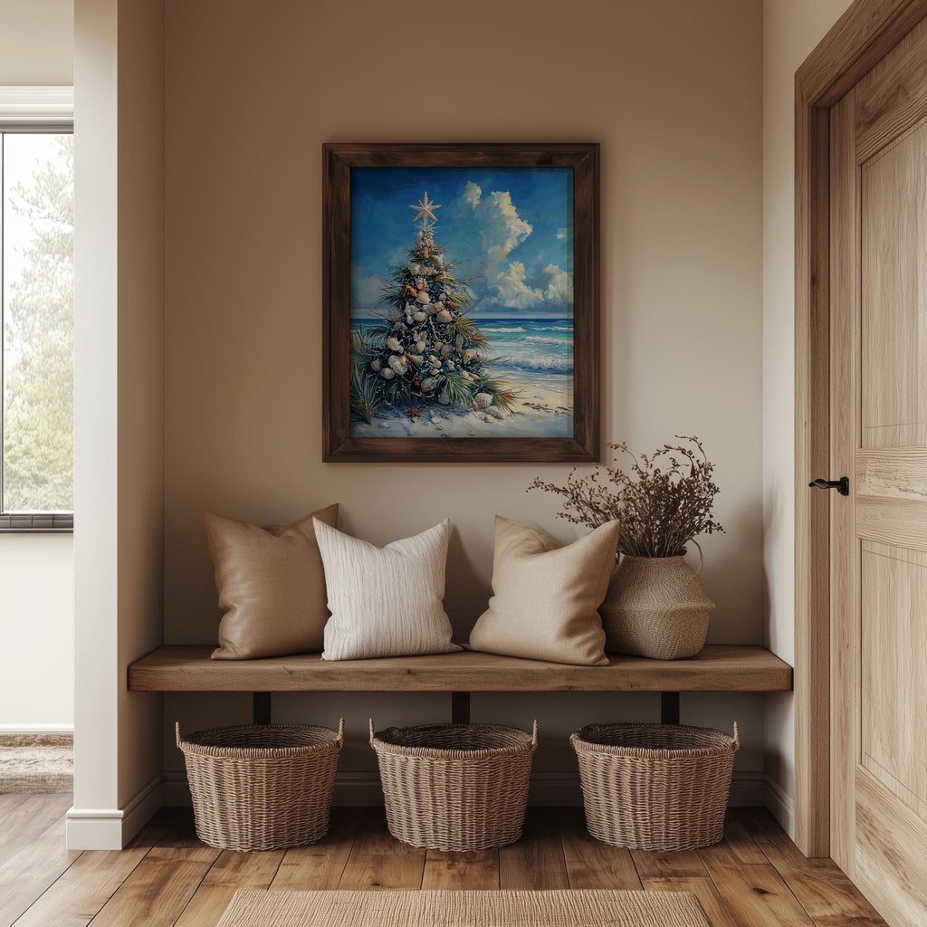 Coastal Tree Christmas art print shown in a room setting