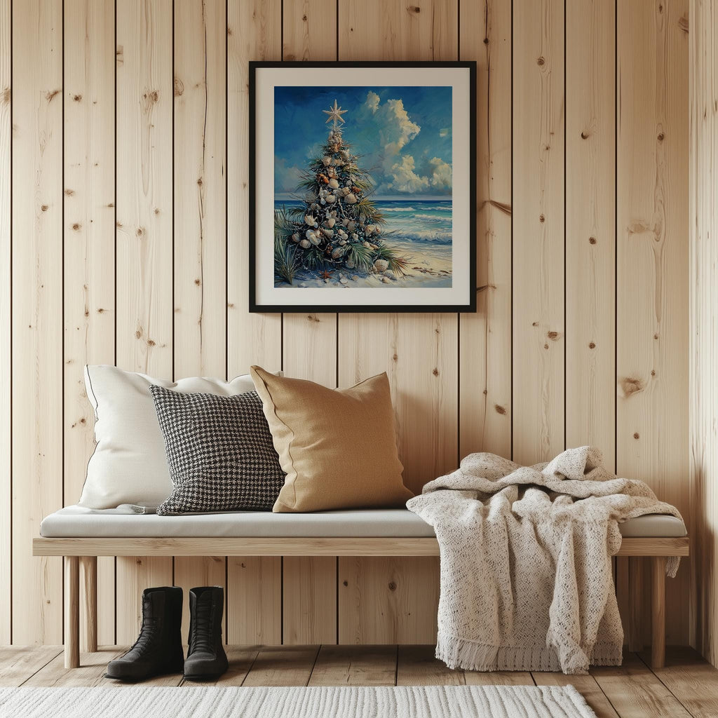 Coastal Tree Christmas art print shown in a room setting
