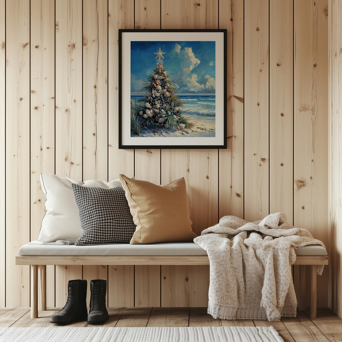 Coastal Tree Christmas art print shown in a room setting