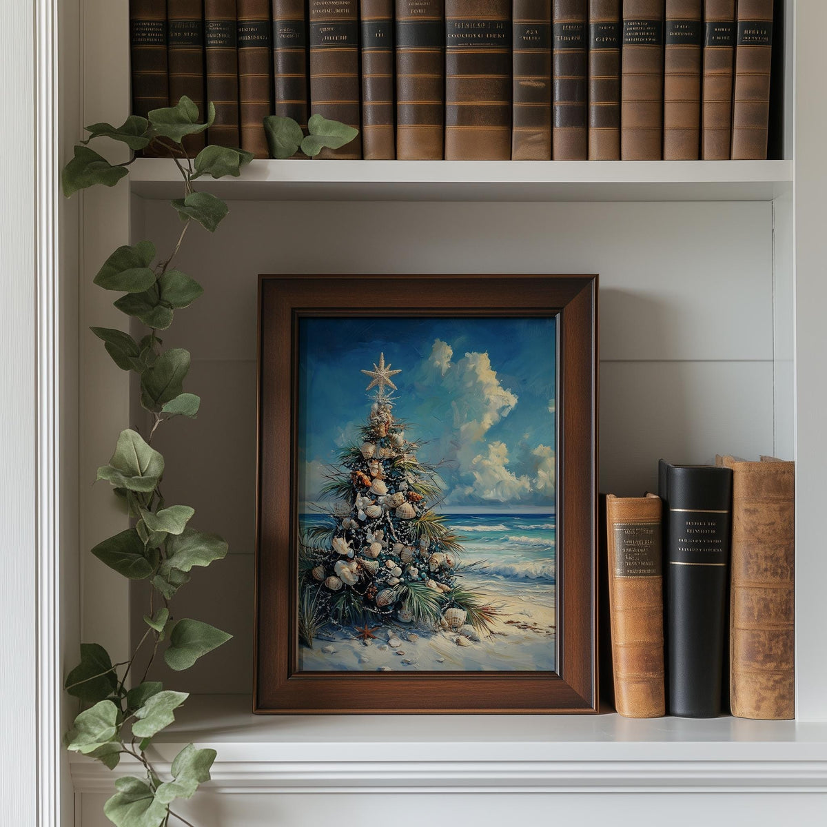 Coastal Tree Christmas art print shown in a room setting
