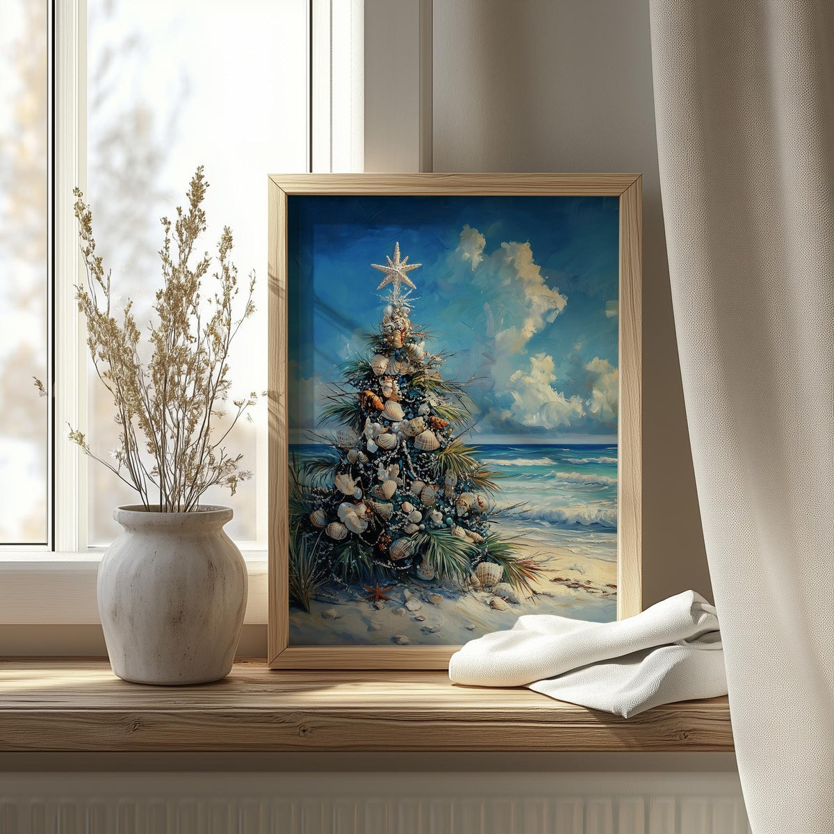 Coastal Tree Christmas art print shown in a room setting