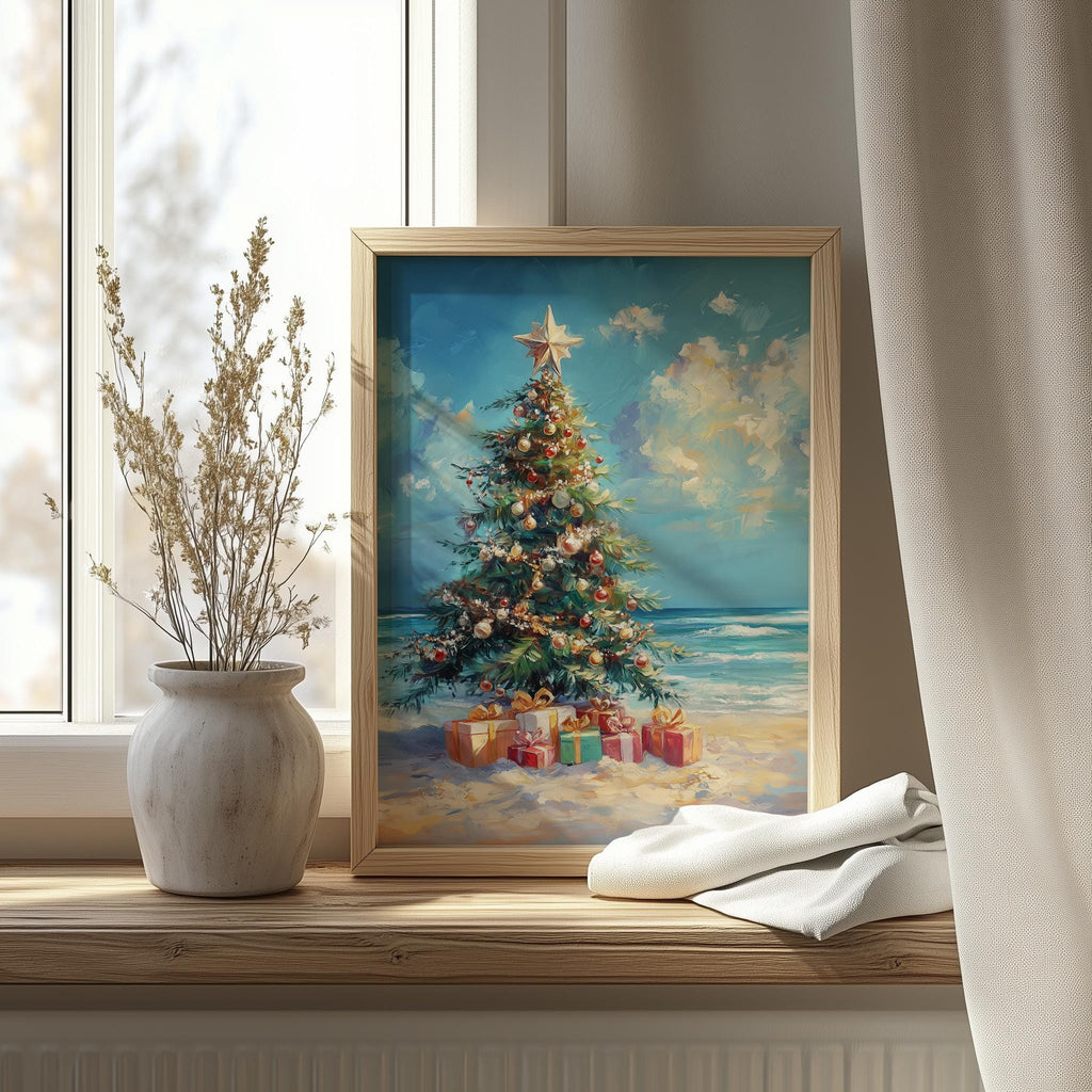 Beach Tree Christmas art print shown in a room setting