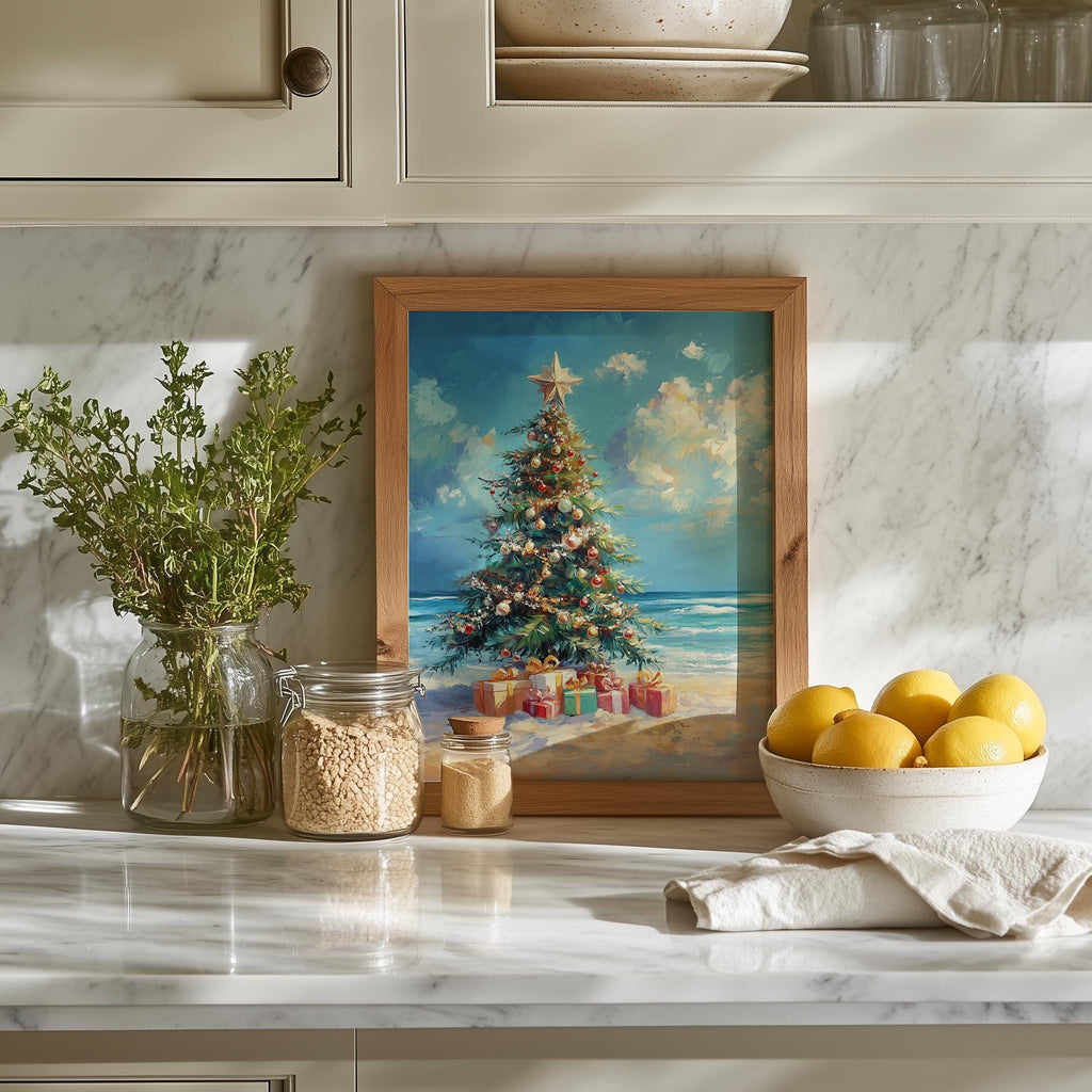 Beach Tree Christmas art print shown in a room setting