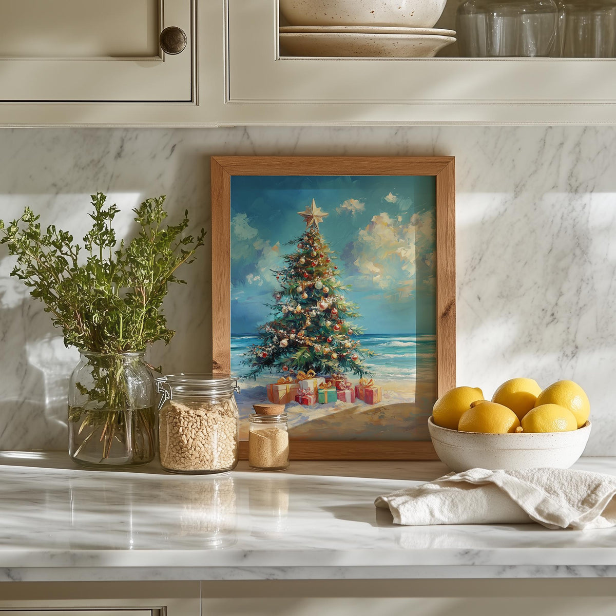 Beach Tree Christmas art print shown in a room setting