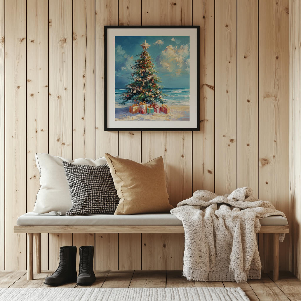 Beach Tree Christmas art print shown in a room setting