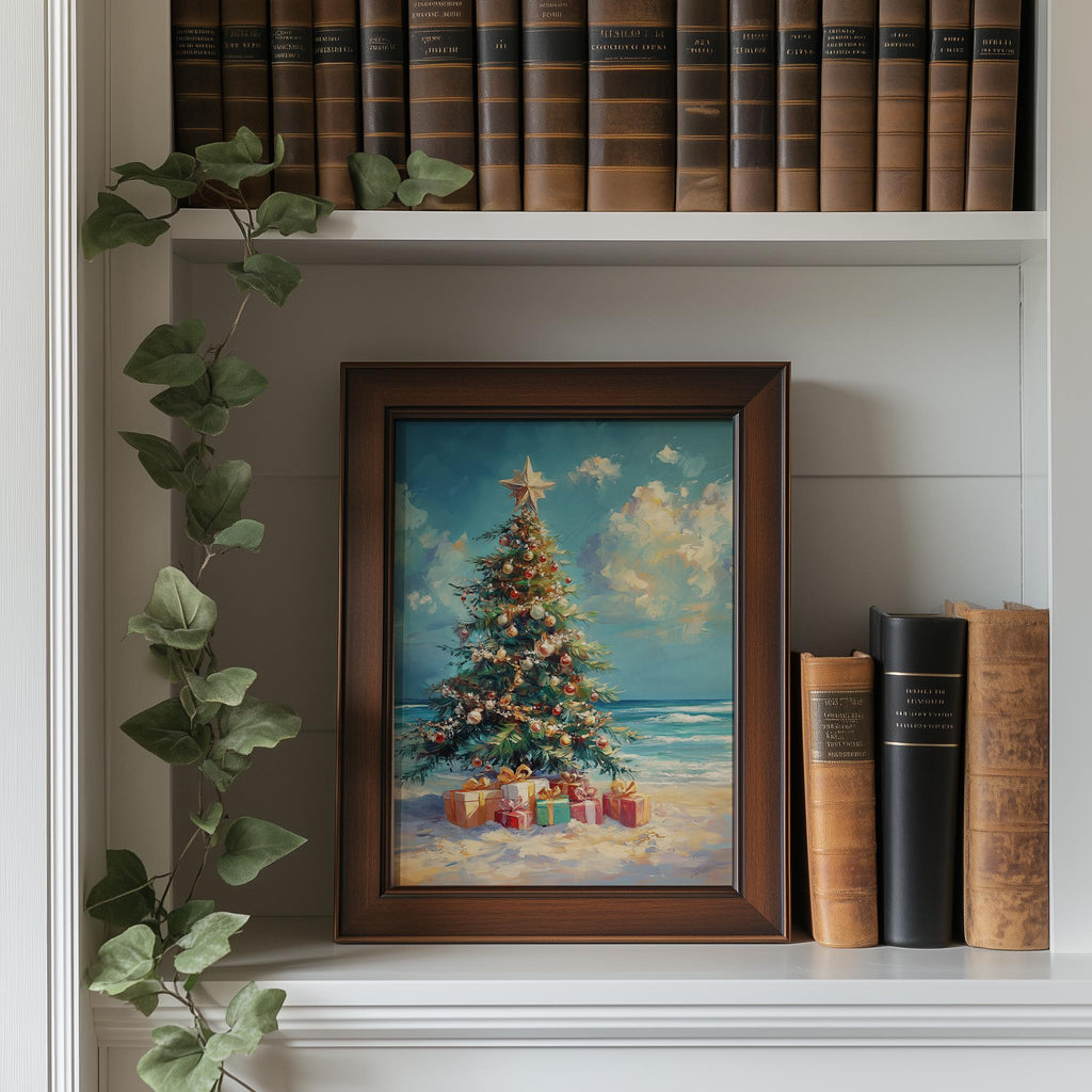 Beach Tree Christmas art print shown in a room setting