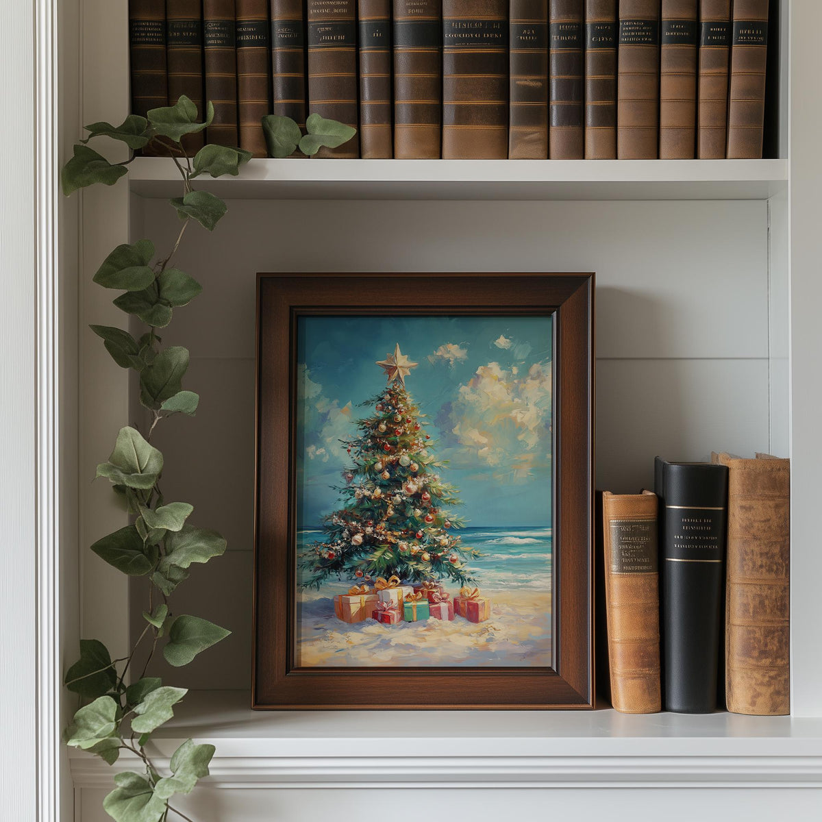 Beach Tree Christmas art print shown in a room setting