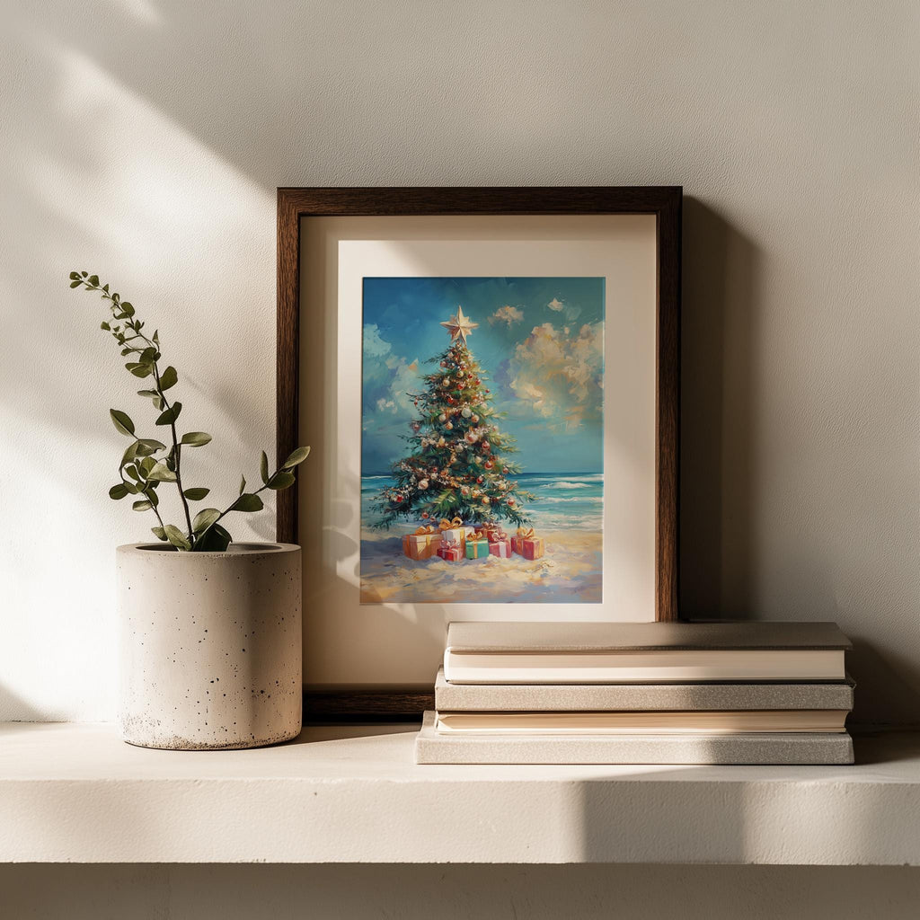 Beach Tree Christmas art print shown in a room setting