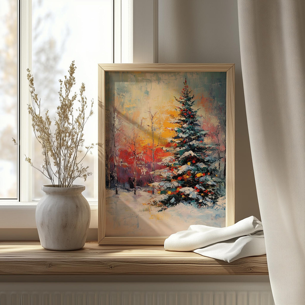 Sunset Pine Christmas art print shown in a room setting