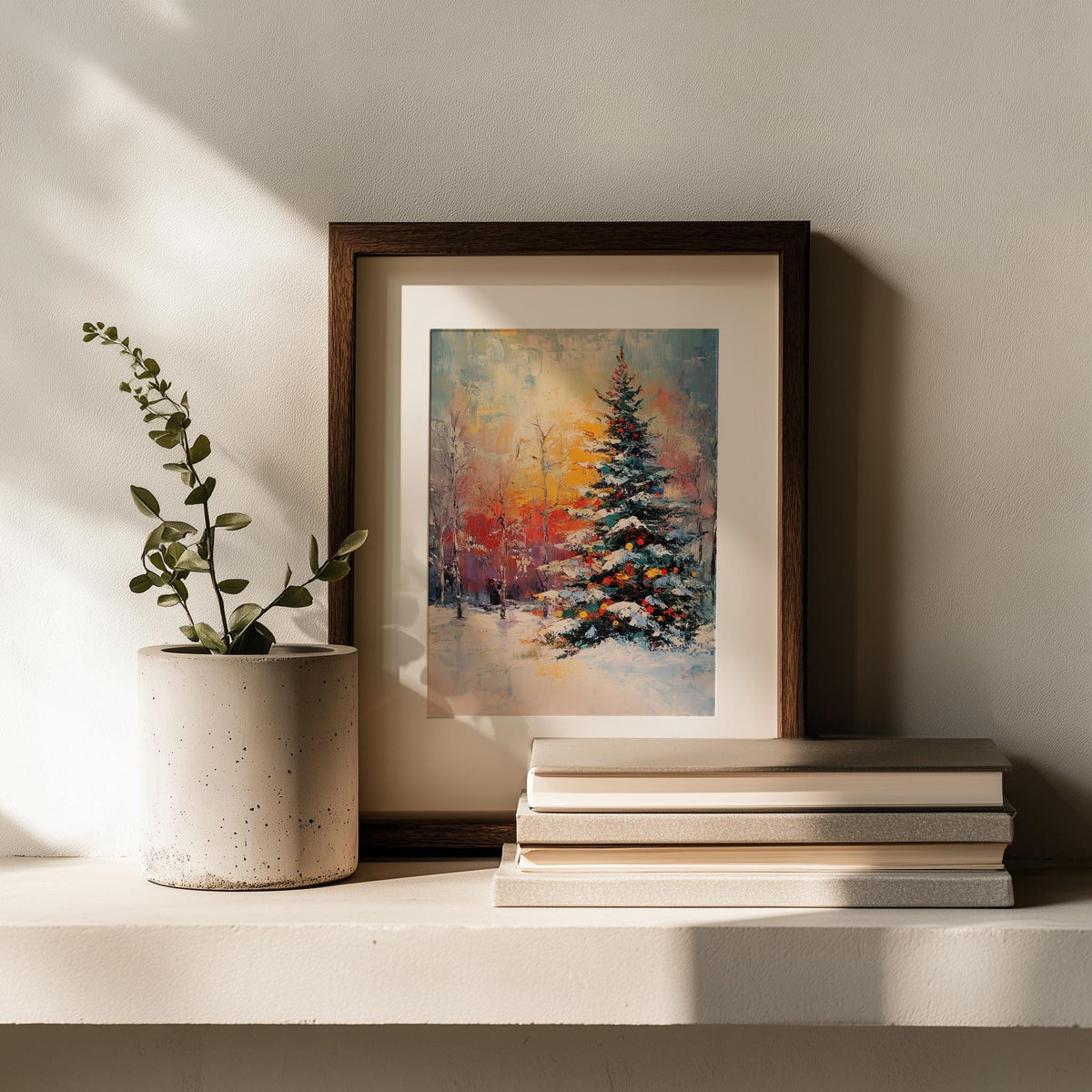 Sunset Pine Christmas art print shown in a room setting