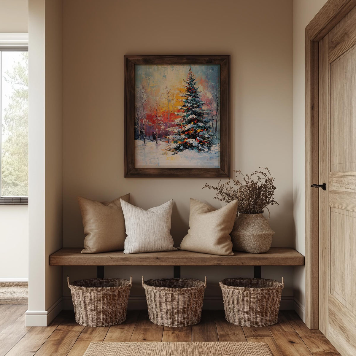 Sunset Pine Christmas art print shown in a room setting