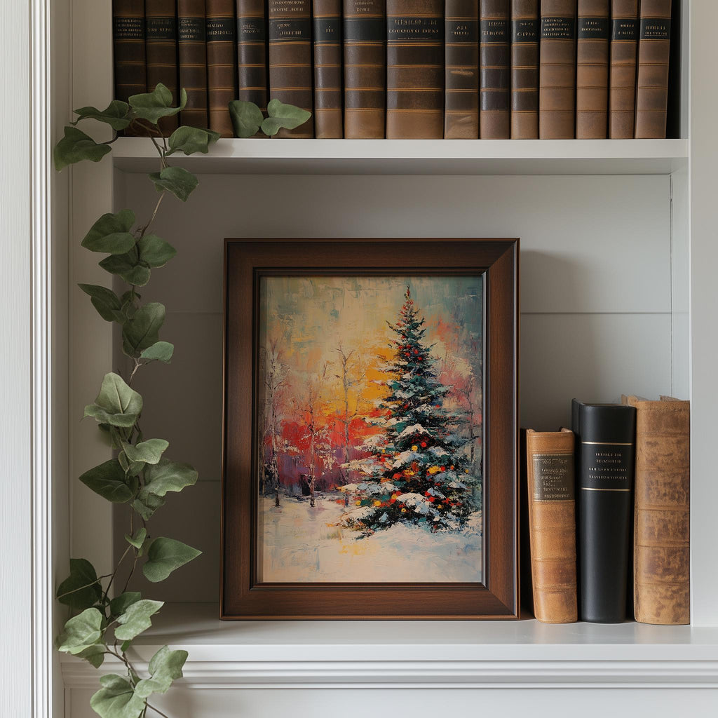 Sunset Pine Christmas art print shown in a room setting