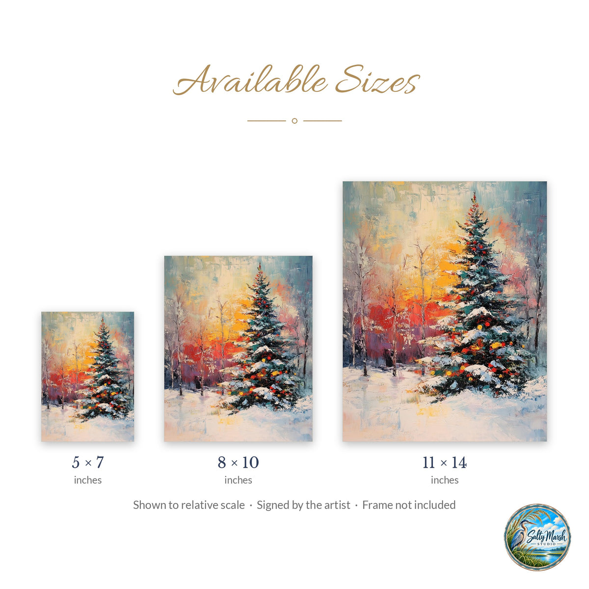 Sunset Pine art print size guide: 5x7, 8x10 and 11x14