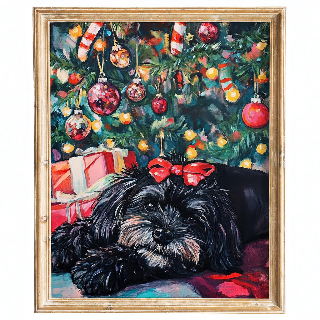 Dog Under Tree Christmas art print framed
