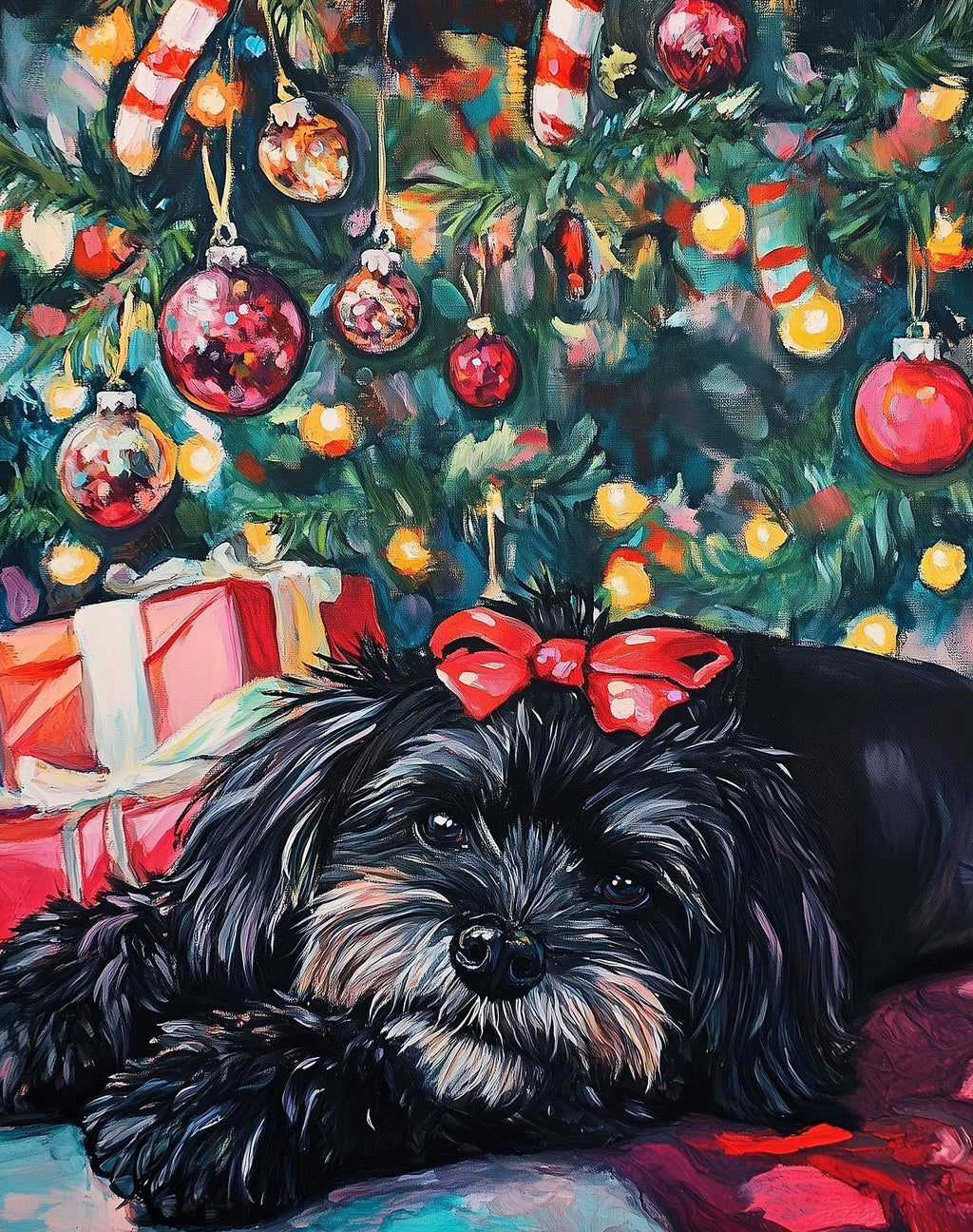 Dog Under Tree Christmas art print unframed, signed by Pattie Overcash