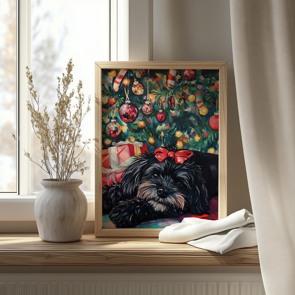 Dog Under Tree Christmas art print shown in a room setting