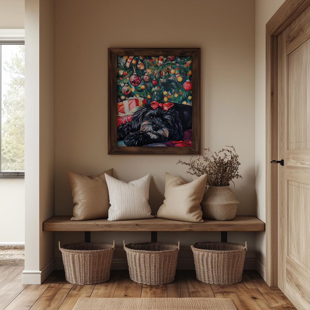 Dog Under Tree Christmas art print shown in a room setting