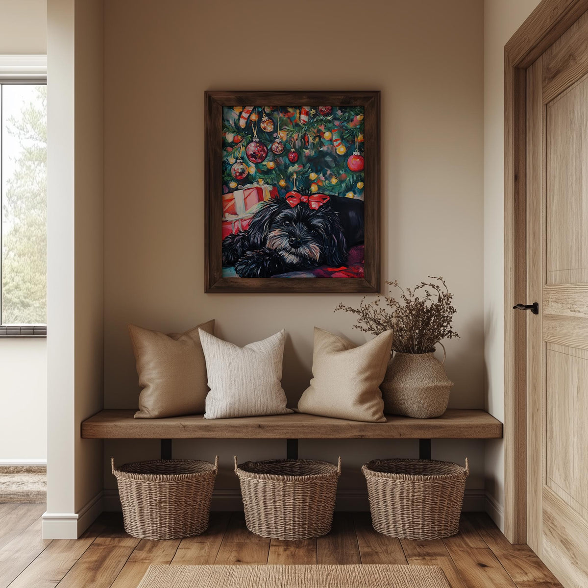 Dog Under Tree Christmas art print shown in a room setting