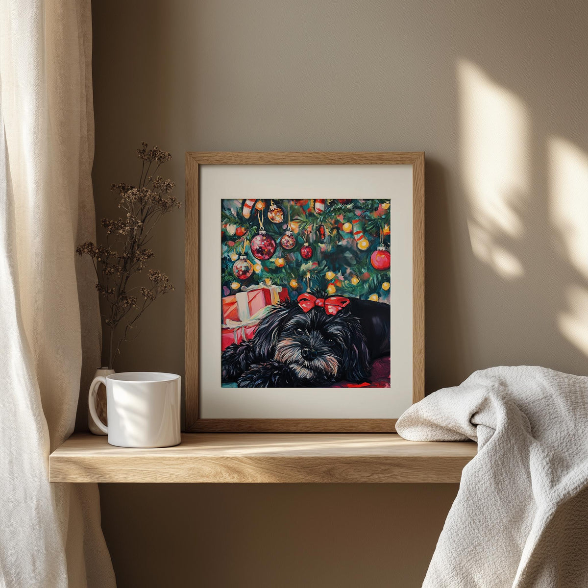 Dog Under Tree Christmas art print shown in a room setting