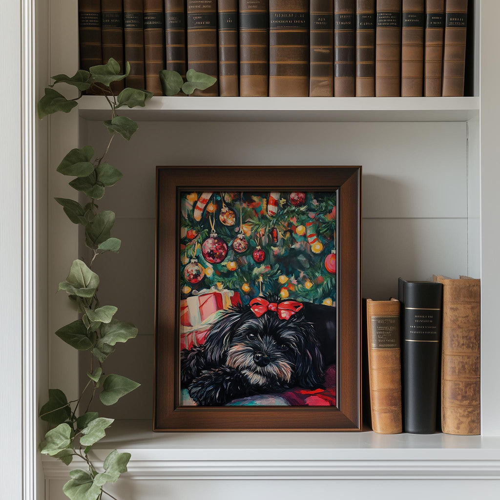 Dog Under Tree Christmas art print shown in a room setting