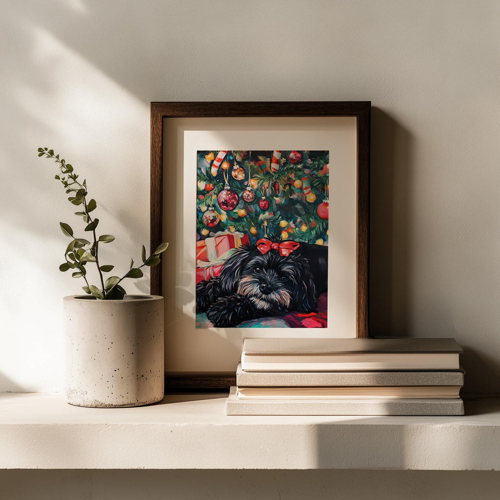 Dog Under Tree Christmas art print shown in a room setting