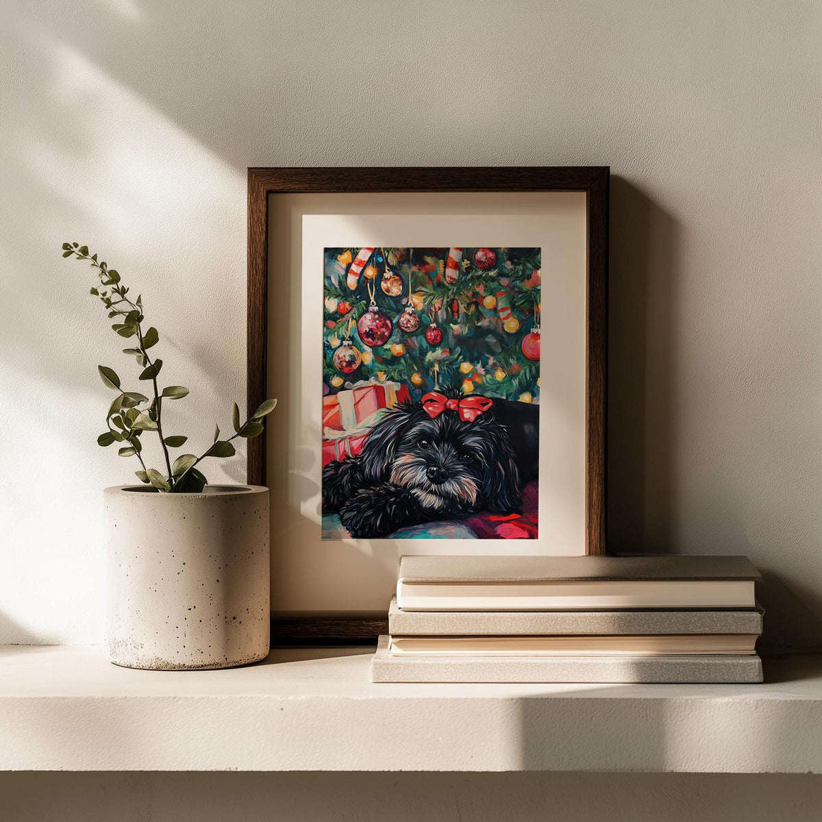 Dog Under Tree Christmas art print shown in a room setting