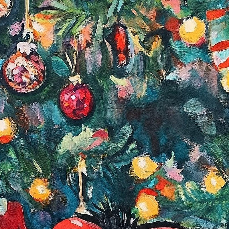 Dog Under Tree Christmas art print close-up detail