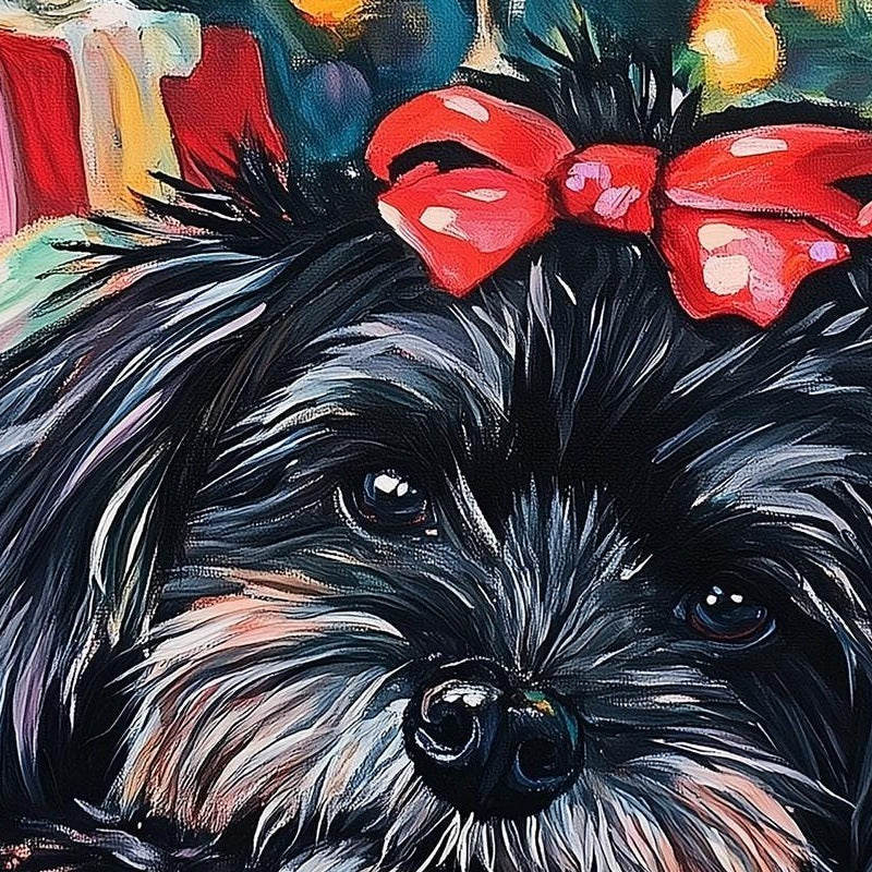 Dog Under Tree Christmas art print close-up detail