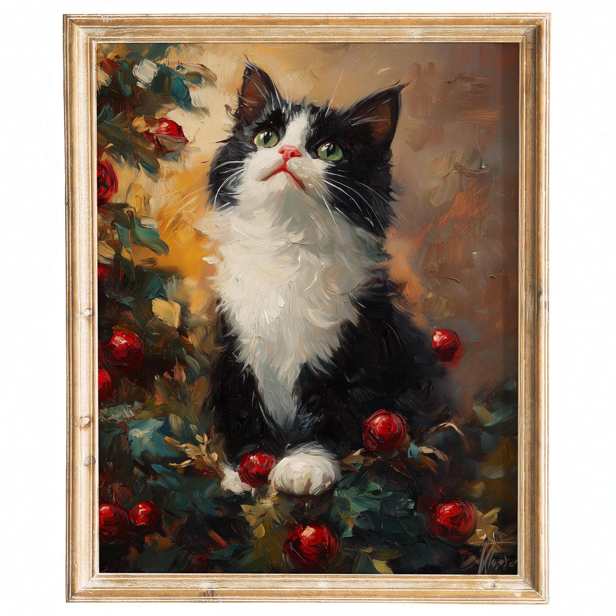 Tuxedo Cat Christmas art print framed